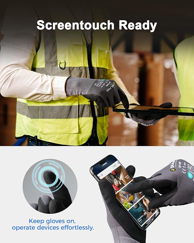 DULFINE Safety Work Gloves MicroFoam Nitrile Coated-6 Pairs Pack,Seamless Knit Nylon Glove with Black Micro-Foam Nitrile Grip,Ideal for General Purpose,Automotive,Home Improvement,Painting(Large)