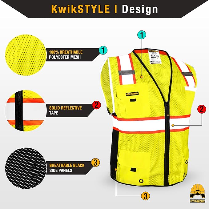 KwikSafety - Charlotte, NC - BIG KAHUNA Safety Vest [11 Pockets] Class 2 ANSI OSHA Reflective Vest Durable High Visibility Vest Construction Safety Vest for Men Industrial Work Gear/Yellow XL