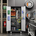 Garage Storage Cabinet with Wheels, Metal Tool Cabinet with Pegboards and 4 Adjustable Shelves, Garage Storage System with Lockable Door for Shools, Offices, Gyms and Pantries, Black and White