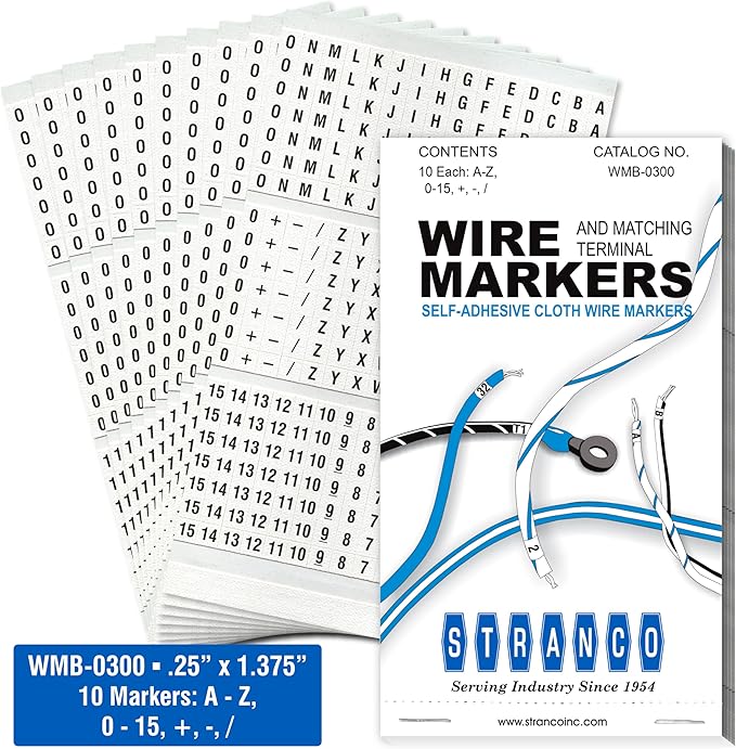 Premium Wire Marker Book for Cable Management, Vinyl-Coated, High-Tack Adhesive, Electric Panel Wire Label Stickers - Legends A-Z, 0-15, 10 Pages with 45 Lables Each, 1 Book (Pack of 25)