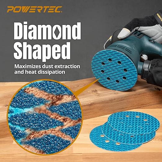 POWERTEC 5 Inch 8-Hole Hook and Loop Diamond Shaped Sanding Discs, 50PK, 120 Grit for Random Orbital Sanders – J-Weight Cloth Backing for Long Life, Anti-Clog Sandpaper (44912)