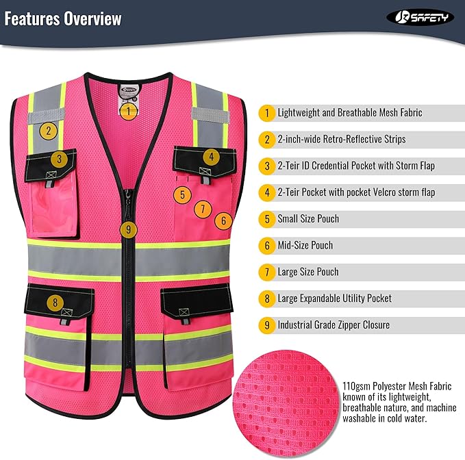 JKSafety Hi Vis Reflective Safety Vests for Men Women High Visibility Vest with Pockets Mesh Fabric Construction Safety Apparel Neon Vest for Work (220-Pink S)