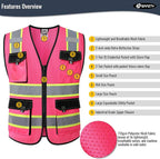 JKSafety Hi Vis Reflective Safety Vests for Men Women High Visibility Vest with Pockets Mesh Fabric Construction Safety Apparel Neon Vest for Work (220-Pink XL)