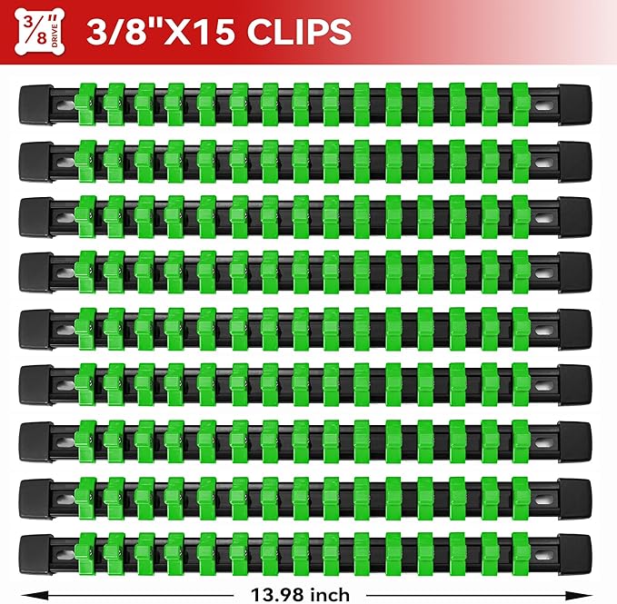 ALOANES 9 PC ABS Socket Organizer, 3/8 inch, Drive Socket Rail Holders, Heavy Duty Socket Racks, Black Rails with Green Clips