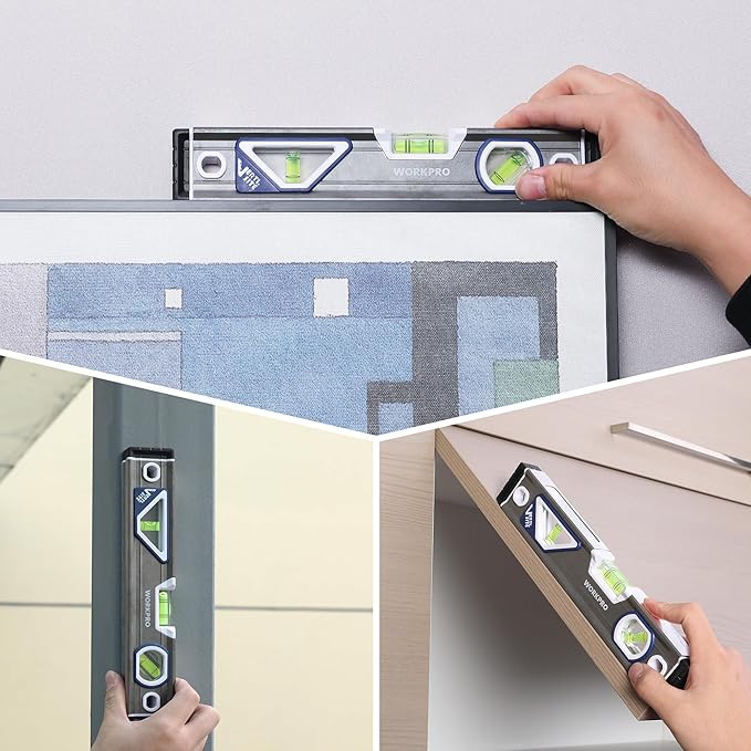 WORKPRO 10 Inch Torpedo Level, Small leveler tool with 3 Different Bubbles 45°/90°/180°, bubble level With Shock Absorbing End Caps, V-Groove for Conduit Bending, Silver/White/Blue
