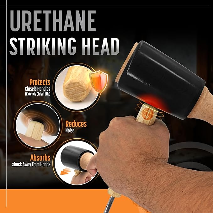 Precision Wood Carving Mallet 15oz for Woodworking, Comfortable Wooden Handle Reduces Hand Fatigue, Non-Marring Urethane Head Protects Tools, Chisel Hammer from Schaaf Tools
