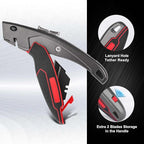 HAUTMEC Heavy-Duty Utility Knife, Safety Box Cutter with Auto-Retracting & 3-Position Locking Dual-System, Built-In Wire Stripper, Blade Storage and 3 Ultra-sharp SK4 Blades – HT0311