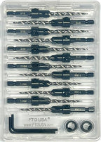 FTG USA Countersink Drill Bit Set 6 Pc #8 (11/64"), 6 Pc #10 (3/16") Tapered Countersink Bit, Stop Collar, Hex Wrench, Woodworking Countersink Drill Bits