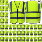 40 Pack Safety Vests Bulk Yellow Reflective High Visibility Vest with Mesh Pocket Zipper, Hi Vis Silver Strip for Men, Neon