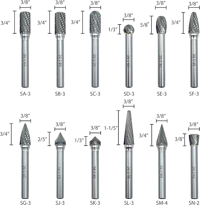 Tungsten Carbide Burr Set - 1/4" Shank 12PCS, 12 Head Types K20 Industrial Metalworking for Steel, Wood, Weld - Deburring, Finishing, Carving (Workshop/Adult Use) by LU&MN