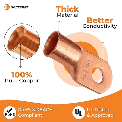 SELTERM 2pcs 250 MCM 1/2" Stud Copper Wire Lugs, Battery Cable Ends, 250 kcmil Ring Terminal Connectors, UL Heavy Duty Bare Copper Eyelets for Battery Terminal