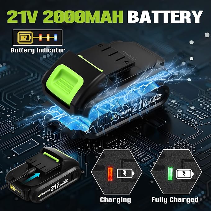 WORKBLESS 21V Power Drill Set, Cordless Drill with Battery and Charger, 3/8'' Keyless Chuck, Variable Speed, 18+1 Torque Setting and 28pcs Drilling/Driver Bits Tool Set(Green)