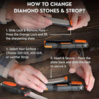 8-in-1 Pocket Field Knife Sharpener – Guided Diamond Whetstones, Diamond Rod, Leather Strop, 2 Sharpening Slots, Fire-Starter Ferro Rod & Whistle – Outdoor, Yard, Camping by Sharp Pebble