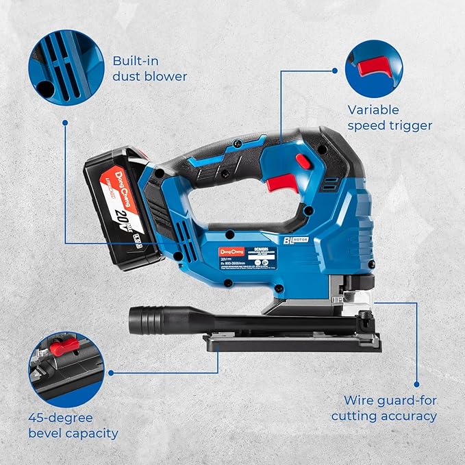 Dong Cheng 20V Brushless Jigsaw, 26mm Stroke, 800-3500 SPM, 0-45° Bevel, 6-Speed, Orbital Action, Dual LED, Dust Blower, with 4Ah Battery, Charger, 6 Blades, Guide Rail & Tool Bag