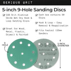 5-Inch 9-Hole 320 Grit Sanding Discs - Heavy-Duty Hook & Loop Film Discs - Sandpaper for Random Orbital Sanders - 50 Pack Box