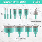 Diamond Core Drill Bits Set 11pcs Tile Hole Saw Kit Triangle Shank(6/6/8/20/25/28/35/45/50/65mm/35mm Diamond Chamfer bits)