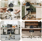 OmySalon Drafting Chair,Ergonomic Saddle Stool with Back Support,Tall Adjustable Rolling Stool with Thick Seat Cushion, Office Computer Chair for Salon Barber Spa Home Bar, Black Gold