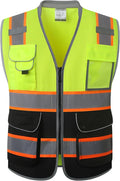 JKSafety 9 Pockets Class 2 Hi-Vis Safety Vest High Visibility Reflecitive Mesh Safety Vests for Men and Women Cushioned Collar Work Utility PPE Work Gear ANSI/ISEA compliant (101-YBlack XL)