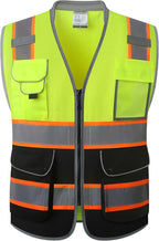 JKSafety 9 Pockets Class 2 Hi-Vis Safety Vest High Visibility Reflecitive Mesh Safety Vests for Men and Women Cushioned Collar Work Utility PPE Work Gear ANSI/ISEA compliant (101-YBlack L)
