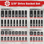 3/8" Drive Impact Socket Set, 90 Piece Metric Socket (6-22mm) and Standard SAE Size (5/16-15/16 inch) 6 Point, with 72-Teeth Ratchet Wrench, Mechanics Tool Kit for Automotive Repair