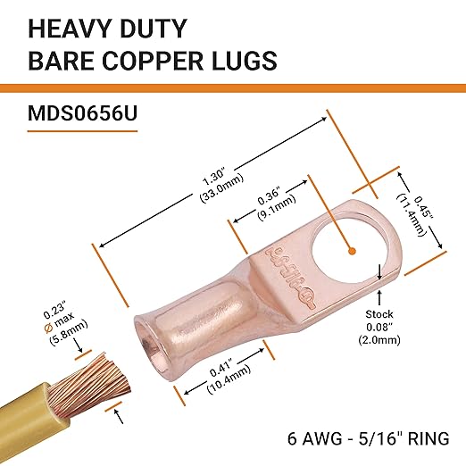 SELTERM 25pcs 6 AWG 5/16" Stud Battery Lugs, Ring Terminals, Heavy Duty Copper Wire Lugs, Cable Ends, 6 Gauge Ring Terminal Connectors, UL Bare Copper Eyelets Electrical Connectors