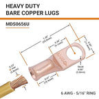 SELTERM 2pcs 6 AWG 5/16" Stud Copper Wire Lugs, Battery Lugs, Ring Terminals, Battery Cable Ends, 6 Gauge Ring Terminal Connectors, UL Heavy Duty Bare Copper Eyelets Battery Terminal Connectors