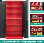 SISESOL Wide & Deep Metal Storage Cabinet with Lock & 5 Adjustable Shelves,72" Red Black Garage Storage Cabinet with Locking Doors,Lockable Cabinets for Home,Office,Shop,Garage,Basement 72x36x18