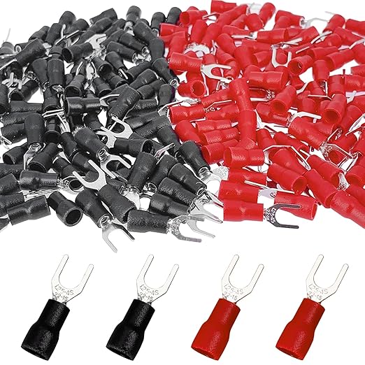 200 Pcs 22-16 AWG #8 Black & Red Insulated Brass Fork Wire Connector U Type Electrical Crimp Spade Terminals (100 Red + 100 Black)