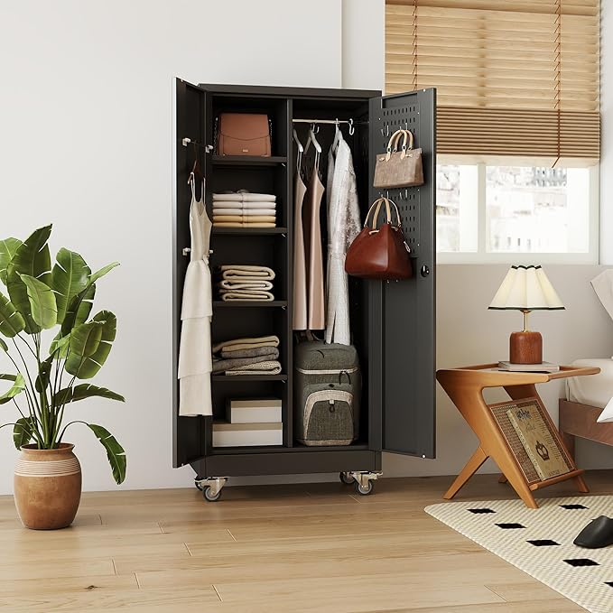 61.7" H Broom Storage Cabinet Closet with Wheels and Doors,Rolling Tool Cabinet with Pegboard,Adjustable Shelves and Rod for Garage Warehouse Home,Required Assembly,Black