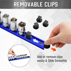 ALOANES 3/8-Inch Drive Magnetic Socket Organizer, Heavy Duty Aluminum Socket Rail Organizer, 360° Swivel Clips Socket Holder Kit for Tool Box, 3/8-Inch Socket Holder x 14 Clips (Blue)