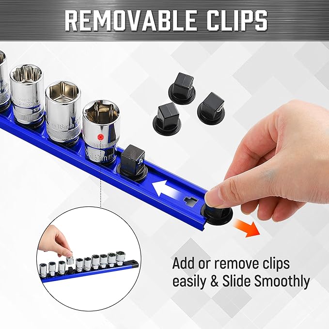 ALOANES 1/2-Inch Drive Magnetic Socket Organizer, Heavy Duty Aluminum Socket Rail Organizer, 360° Swivel Clips Socket Holder Kit for Tool Box, 1/2-Inch Socket Holder x 12 Clips (Blue)