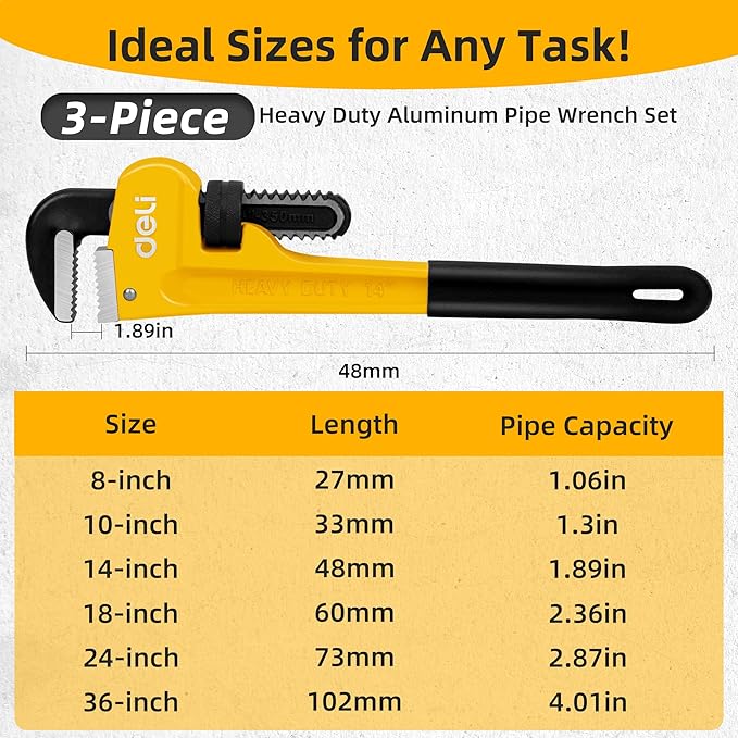 deli Pipe Wrench 8-inch, Heavy Duty Straight Adjustable Wrench, Professional Plumbing wrench tools, for Pipe, Home, Vehicle repair