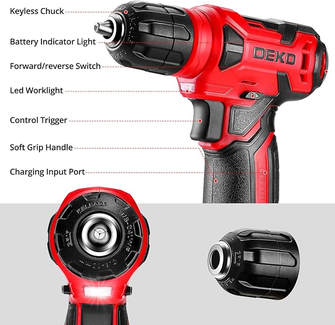 DEKOPRO Drill Set: Tool Set with 8V Red Cordless Drill, Home Tool Kit with Drill, Hand Tool Kits for Women 126 Piece
