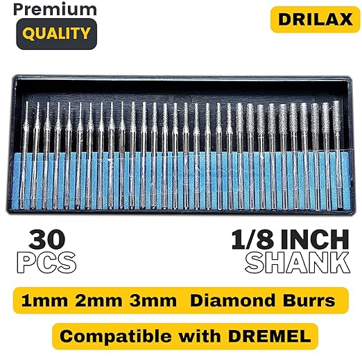 Drilax Diamond Drill Bits for Stone – 30-Piece Set (1mm, 2mm, 3mm) for Glass, Gemstones & Jewelry – 1/8-Inch Shank Compatible with Dremel Rotary Tools – Jewelry Making Supplies & Lapidary Kit