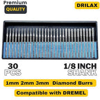 Drilax Diamond Drill Bits for Stone – 30-Piece Set (1mm, 2mm, 3mm) for Glass, Gemstones & Jewelry – 1/8-Inch Shank Compatible with Dremel Rotary Tools – Jewelry Making Supplies & Lapidary Kit