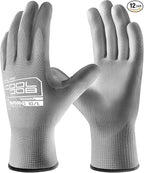 COOLJOB 12/60 Pairs Safety Work Gloves Pack Bulk with Grip PU Coating, 13 Gauge Seamless Knit Gloves with Polyurethane Dipped for Warehouse Working, Breathable Lightweight for Men Women, Grey Small