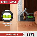 Arrow Combination Square, 6-Inch Combo Square with Stainless Steel Ruler, Zinc Alloy Body and Bubble Level for Carpenters and Craftsmen