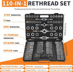 110PCS Tap and Die Set Bearing Steel Rethreading Tool Kit SAE and Metric Size M2 to M18 UNC UNF NPT Repair Tools with Complete Accessories and Storage Case for Cutting External Internal Threads