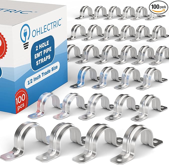 OHLECTRIC Heavy Duty Pipe Strap (100 Pack - ½ Inch) Zinc Plated Conduit Clamps, 2 Hole Steel Rigid Pipe Strap U Bracket, Zinc Coated Tension Tube Clip, Metal Pipe Clamp for Rigid Conduits