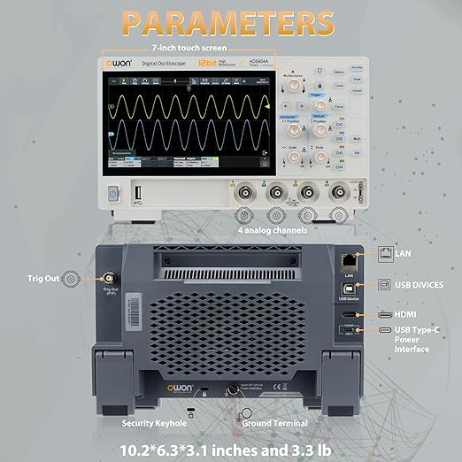 Digital Oscilloscope ADS804A 70 MHz Bandwidth OWON 4 Channel Oscilloscope with 12bits Vertical Resolution and 700,000 Wfms/s Waveform Capture Rate Oscillograph