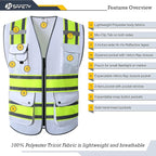 JKSafety 9 Pockets High Visibility Zipper Front Safety Vest | White with Dual Tone High Reflective Strips | Meets ANSI/ISEA Standards (901-White, Large)