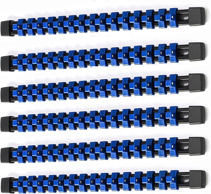 ALOANES 6 PC ABS Socket Organizer, 3/8 inch, Drive Socket Rail Holders, Heavy Duty Socket Racks, Black Rails with Blue Clips