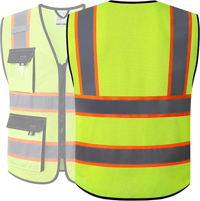 JKSafety Hi Vis Reflective Safety Vests for Men Women High Visibility Vest with Pockets Mesh Fabric Construction Safety Apparel Neon Vest for Work (220-Yellow L)