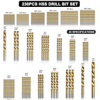 230 Pcs Drill Bit Set(1/16“-1/2”), 135° Tip Titanium Coated High Speed Steel, Twist Drill Bit Kit for Iron, Aluminum Alloy, Copper, Wood, Plastic, with Hard Storage