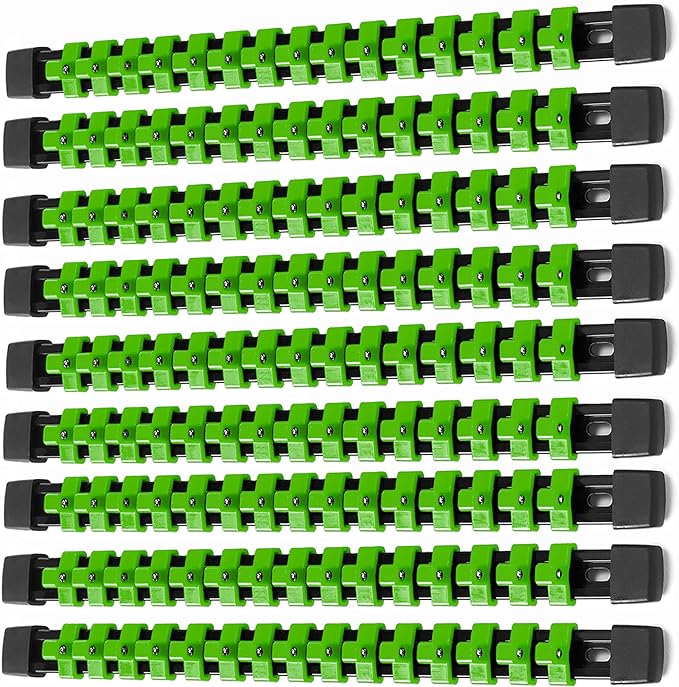 ALOANES 9 PC ABS Socket Organizer, 3/8 inch, Drive Socket Rail Holders, Heavy Duty Socket Racks, Black Rails with Green Clips