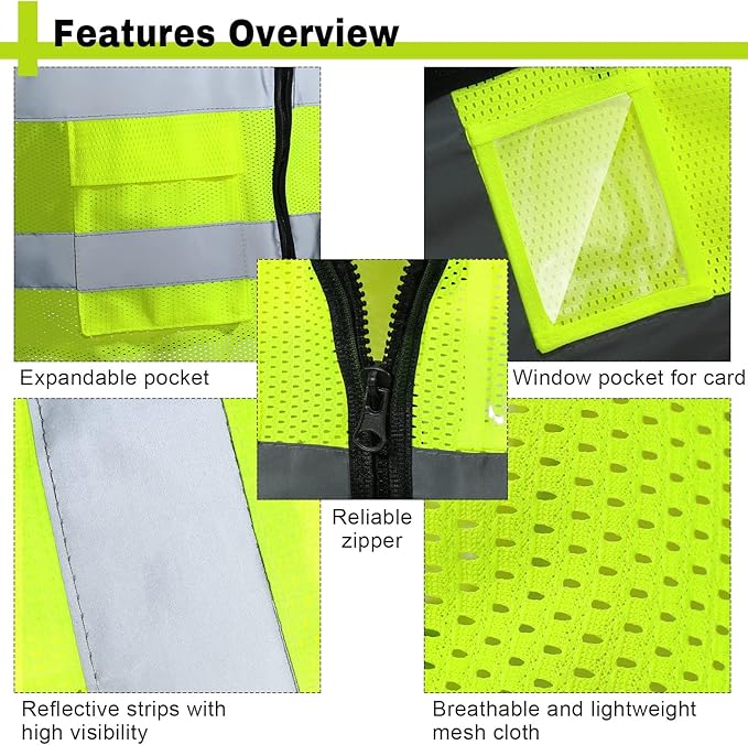 JaGely 12 Pack Reflective Safety Vests with Pockets, High Visibility Mesh Construction Vest for Men Women, Neon Yellow, Size L
