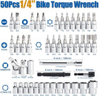50Pcs Master Bike Torque Wrench Set, 1/4 Inch Drive, 10-230 IN.LB (1-26.0 Nm), Inch Pound Click Torque Wrench with Bit Sockets, 0.1 Nm Micro, 3/8 Adapter, Pro Bicycle Tool Kit for MTB