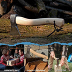 Prandi Axes German Style C45 Forged Carbon Steel Hatchet - Hickory Handle with Leather String - Lightweight Axe for Camping, Chopping, and Cutting - S/N 3.003.06.CH - 14.17" L x 5.90" W, No Sheath