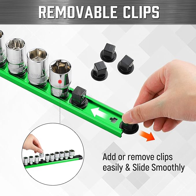 ALOANES 3-Piece Magnetic Socket Organizer, Heavy Duty Aluminum Socket Rails Organizer, 360° Swivel Clips Socket Holder Kit for Tool Box, 1/2-Inch Socket Holder x 36 Clips (Green)