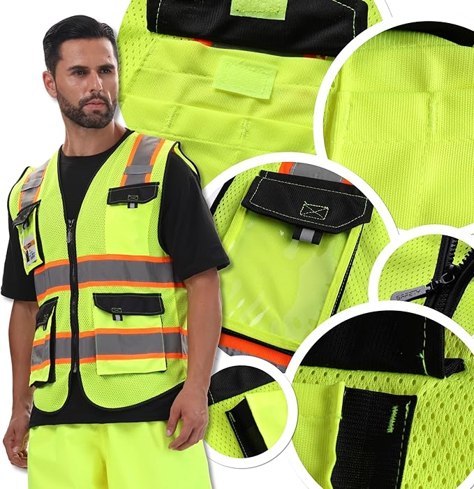 JKSafety Hi Vis Reflective Safety Vests for Men Women High Visibility Vest with Pockets Mesh Fabric Construction Safety Apparel Neon Vest for Work (220-Yellow 4XL)